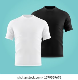 Two realistic men or unisex t-shirts. Black and white shirt. Front view on male or man clothing. 3d or realistic apparel. Template or background for cloth print. Clear, blank fabric, textile. Fashion