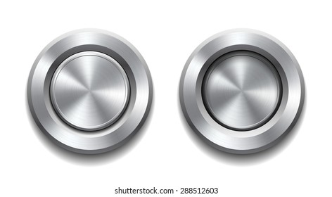 Two realistic metal buttons with circular processing showing push in and push out positions. Vector illustration