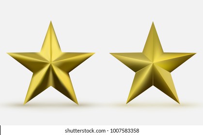 Two realistic metallic golden stars isolated on white background. Shiny and glossy yellow five-pointed star. A symbol of leadership, honor, courage, commitment and achievement.