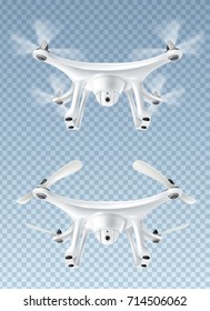 Two realistic modern flying drones isolated on transparent background vector illustration