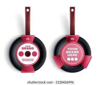 Two realistic non stick frying pans with packaging template isolated on white background vector illustration