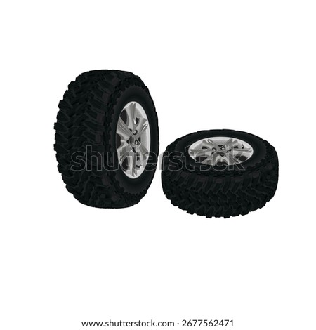 Two realistic off-road tires and wheels are displayed against a plain white background. The tires show intricate tread patterns, and the wheels have a metallic silver finish.
