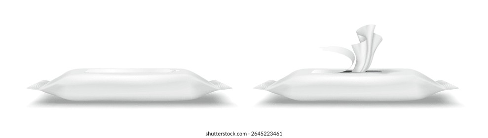 Dois pacotes realistas de toalhetes úmidos brancos sobre um fundo branco liso. A primeira embalagem é selada, enquanto a segunda mostra toalhetes sendo puxados para fora. Útil para marca de produtos de higiene.