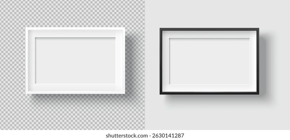 two realistic photo and picture frame templates with passeportout in black and white, landscape format, transparent background,
