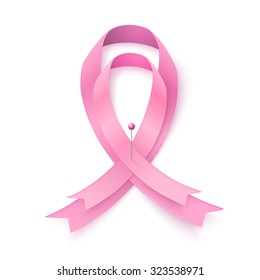 Two realistic pink ribbons with pin, breast cancer awareness vector symbol