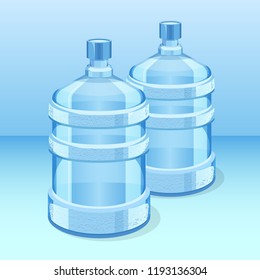 Two realistic plastic bottles for office water cooler. Barrel, gallon, plastic container for with water. bottle Vector illustration.