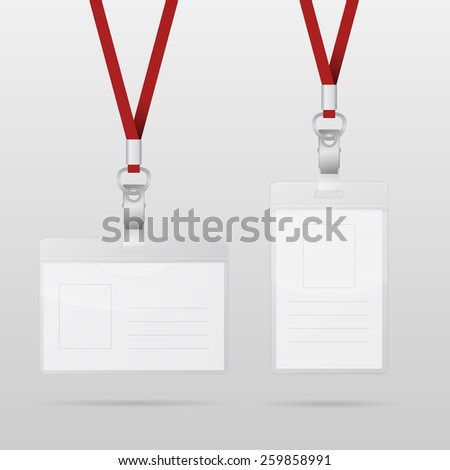 Two Realistic Plastic ID Horizontal And Vertical Badges With Red Lanyards. Vector EPS10 illustration. 