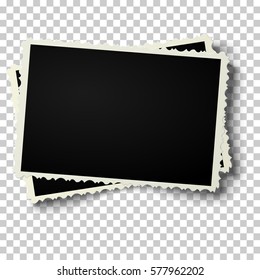 Two realistic retro photo frames with a shaped edges placed one over another and slightly tilted on transparent checkered background. Template photo design.