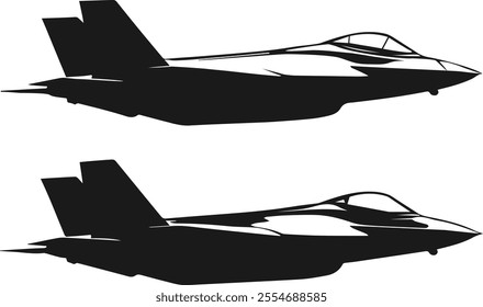 Two realistic silhouettes of the F-35 aircraft in black with different views of the cockpit icon.