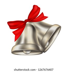 Two realistic silver bells with red ribbon isolated on transparent background