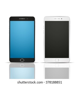 Two  realistic smart phone with reflection. Black and white