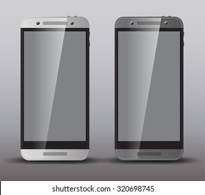 Two realistic smartphone concept - silver and dark grey. Highly detailed responsive realistic smart phone mockup isolated on gray background.