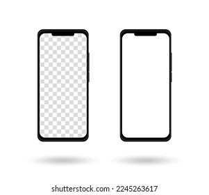 Two realistic smartphone mockups. Cellphone frame with transparent and white blank displays isolated templates, front views. Vector mobile device concept