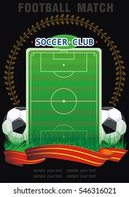 Two realistic soccer balls on a grass playing field. Vector Creative football poster for sport design. Beautiful illustration with place for your text, eps8