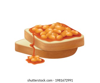 Two realistic toasts of wheat bread with baked beans in tomato sauce vector illustration