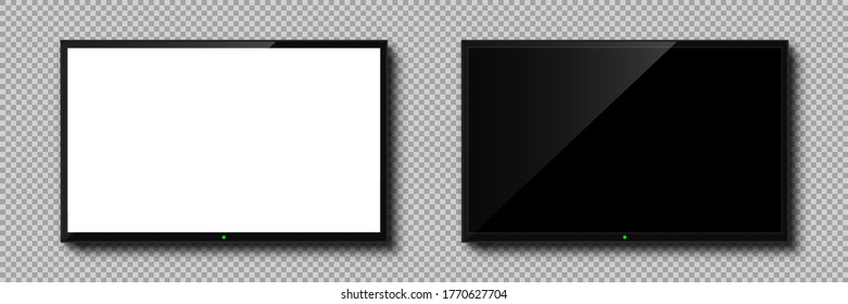 Dos televisores realistas con pantallas diferentes. Marco de TV vacío con sombra aislada en fondo transparente. Moderno y elegante monitor lcd, tipo led. Plantilla de televisión en blanco con pantalla en blanco y negro