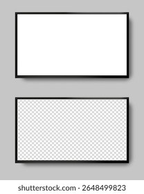 two realistic tv screens, white and transparent led monitor with reflection, ratio 16x9, gray background