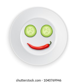 Two realistic vector 3d slice juicy cucumbers and red hot chili pepper laid out in the form of an emoticon in a white porcelain plate icon closeup isolated on white background. Design template for