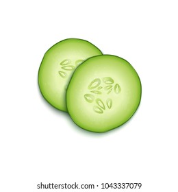 Two realistic vector 3d slice juicy cucumbers icon closeup isolated on white background, top view. Design template for graphics, food vector illustration