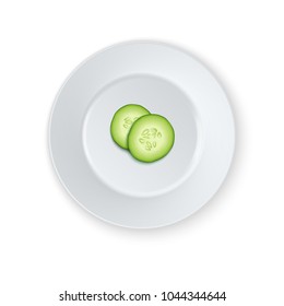 Two realistic vector 3d slice juicy cucumbers in a white porcelain plate icon closeup isolated on white background. Design template for graphics