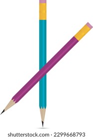 Two realistic vector pencils with diferent colors. Sharpened pencils with pink eraser on back. Isolated on white background.