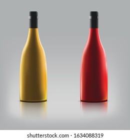 Two realistic vector wine bottles in top view with blank labels on gray background. Design template in EPS10.