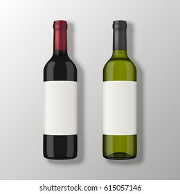 Two Realistic Vector Wine Bottles In Top View With Blank Labels On Gray Background. Design Template In EPS10.