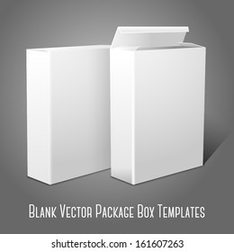 Two realistic white blank paper packages for cornflakes, muesli, cereals etc. Isolated on grey background for design and branding. Vector