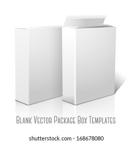 Two realistic white blank paper packages for cornflakes, muesli, cereals etc. Isolated on white background with reflection, for design and branding. Vector