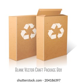 Two realistic white blank paper ecologic craft packages with recycle sign for cornflakes, muesli, cereals etc. Isolated on white background with reflection, for design and branding. Vector