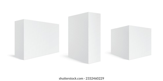 Two Realistic White paper Package Box. Rectangle and cube shape. Pack box for Software, electronic device and other products. Mockup Vector illustration.