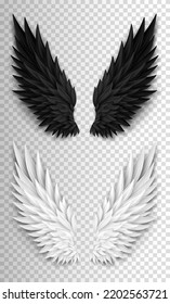 Two realistic wings isolated on transparent background. 3D white angel wings and dark devil, daemon wings. Heaven and hell, good and evil concept. Festival, masquerade, carnival costume. 