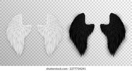 Two realistic wings isolated on transparent background. 3D white angel wings and dark devil, daemon wings. Heaven and hell, good and evil concept. Festival, masquerade, carnival costume.  svg