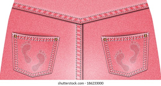 Two rear pockets with pink denim embroidered footprints Jeans rear view. Vector illustration.