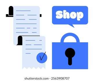 Two receipts and a padlock with a speech bubble containing the word Shop. Ideal for e-commerce, online transactions, purchase confirmations, cybersecurity, and digital privacy. Minimal, flat design