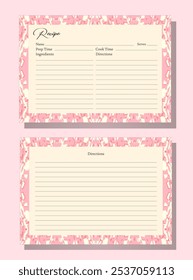 Plantilla de dos tarjetas de recetas. Borde de patrón de damasco floral rosa y beige. Diseño suave de inspiración vintage. Delicados motivos florales en el borde. Estética clásica y sofisticada. Estilo femenino y refinado