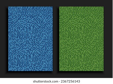 Two rectangle background from blue and green sequins, glitters, sparkles, paillettes. Vector poster with sparkling sequins, glitter gradient dots. Template bright circle mosaic festive holiday disco