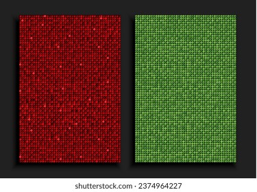 Two rectangle background from red and green sequins, glitters, sparkles, paillettes. Vector poster with sparkling sequins, glitter gradient dots. Template bright circle mosaic festive holiday disco