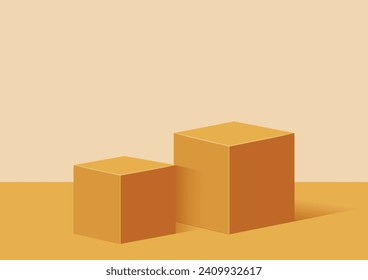 two rectangle podiums in the room, yellow color, vector geometric platform illustration for product display presentation, promotion banner.a