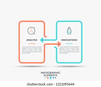 Two rectangles or cards and arrows pointing opposite directions. Concept of mutual business exchange. Minimalistic infographic design template. Vector illustration for business presentation, report.