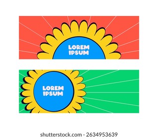 Twee rechthoekige banners met gestileerde zonnebloemen met felgele bloemblaadjes en een blauw cirkelvormig centrum in handgetekende tekenfilmstijl vectorillustratie