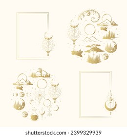 Two  rectangular frames and two celestial moon compositions. Golden mystical vector illustrations for witchcraft, greeting cards and invitations