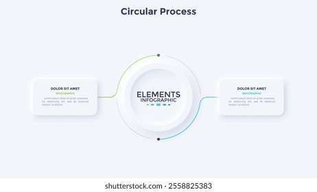 Two rectangular frames connected with main circle. Concept of comparison of profitability of 2 business projects. Neumorphic infographic design template. Vector illustration.