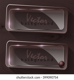 Two rectangular, gray-red banners, isolated on wood background. Vector illustration.