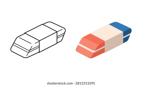 Two rectangular school erasers featuring a linear black outline version and a colorful flat design version isolated on white background