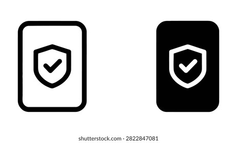 Two rectangular smartphone mockups showing white and dark shields with checkmarks inside