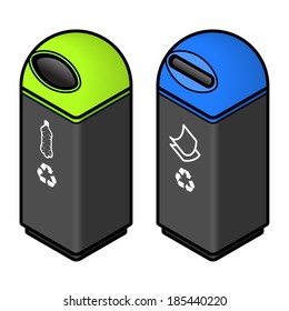 Two recycling bins - plastics and paper - with green and blue lids/covers.