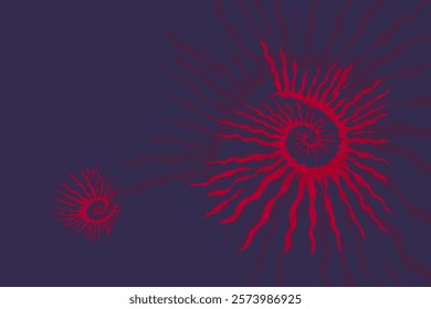 two red abstract pattern icons form a curved golden ratio on a dark purple background