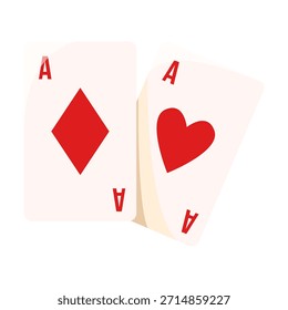 Dos caras rojas de corazones y diamantes jugando a las cartas mostradas en estilo gráfico plano sobre un fondo blanco. Concepto de suerte, juego y casino. Ilustración vectorial