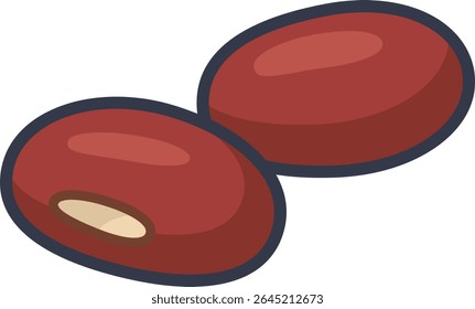 Two red adzuki beans illustrated in a simple and clean cartoon style. Perfect for food and ingredient-related designs.